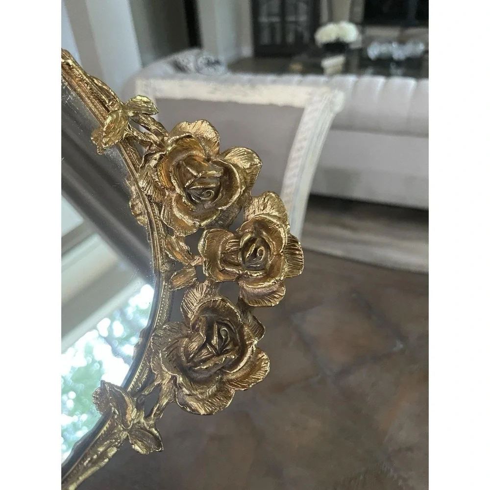 Vtg Stylebuilt Gold Ormolu Vanity Mirror Oval Tray Rose Handle Hollywood Regency